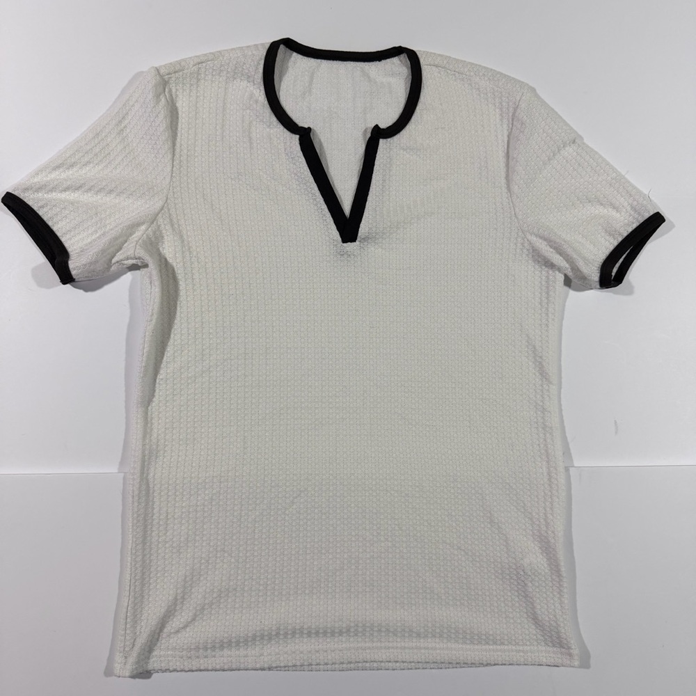 White Textured Knit Top with Black Trim